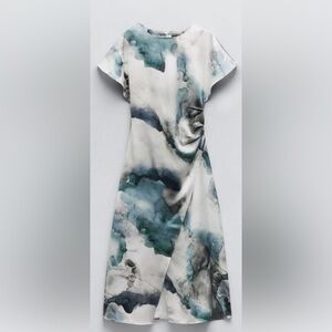 ZARA Teal and Cream Satin Tie-Dye Dress